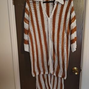 Elegant Striped Knit Cardigan - White and Brown